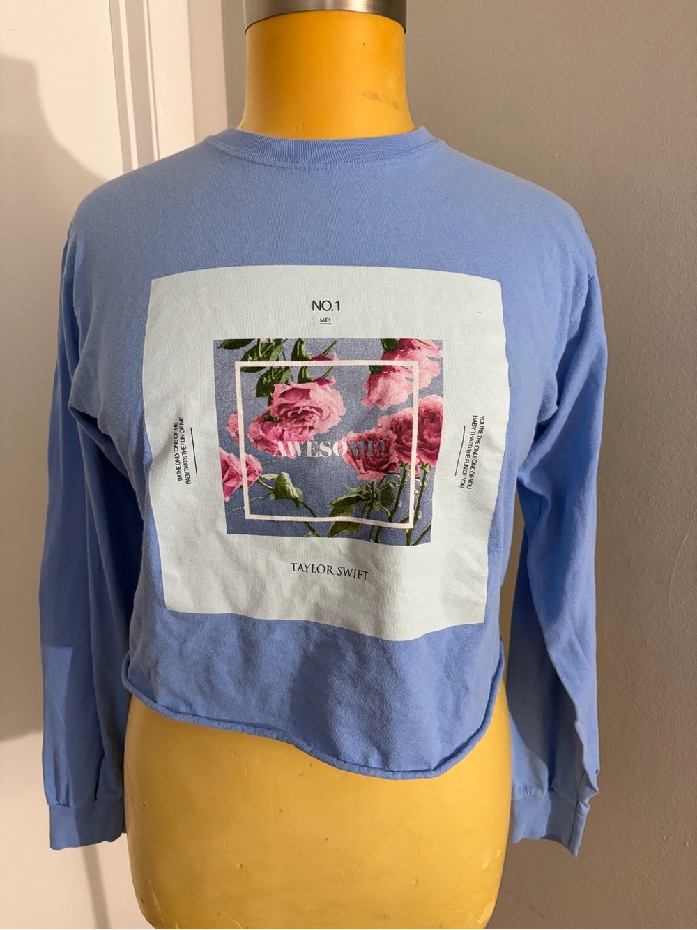 Taylor Swift Light Blue Long-Sleeve Crop Top with Pink Rose Print